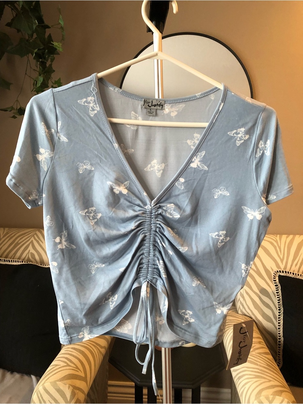 J for Justify Light Blue Butterfly Ruched Tie-Front Crop Top and skirt set